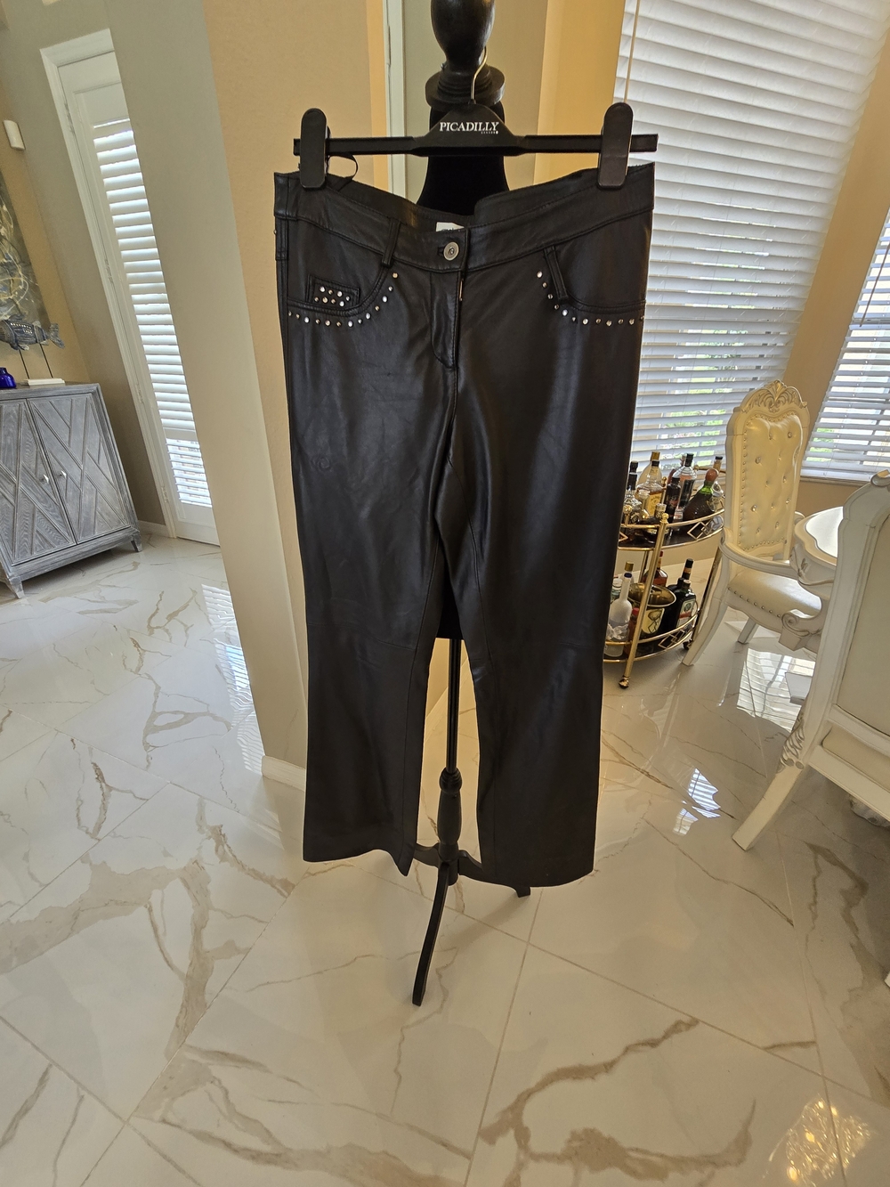 Cache Black Faux Leather Straight-Leg Jeans with Stud Detailing